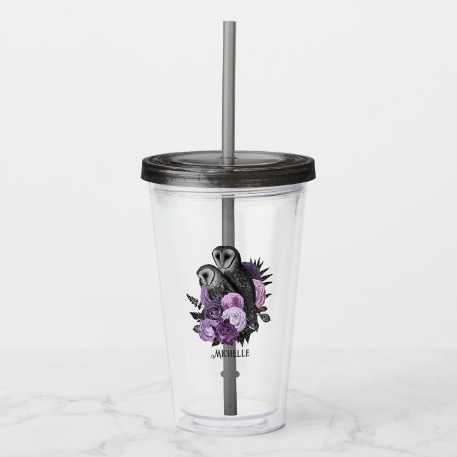 Copo De Acrílico Corujas Góticas Glam Florais Roxas (Frente)