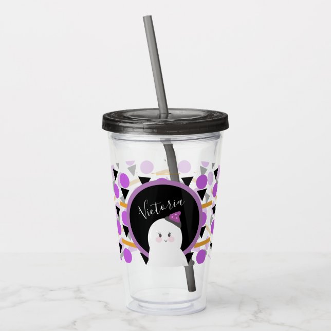 Copo De Acrílico Cute Halloween Ghost Purple Name Acrylic Tumbler (Esquerda)