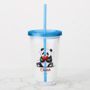 Copo De Acrílico Cute Panda Segurando Coração com Nome Personalizáv