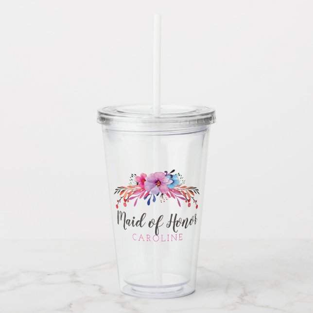 Copo De Acrílico Dama De Honra Floral Personalizada (Frente)