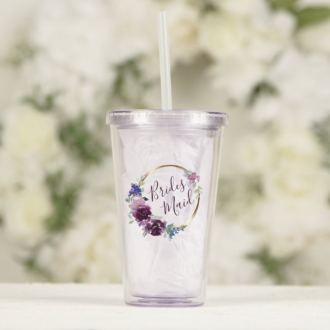 Copo De Acrílico Dama de Honra Grinalda Floral Roxo Boho Aro Casame (Criador carregado)