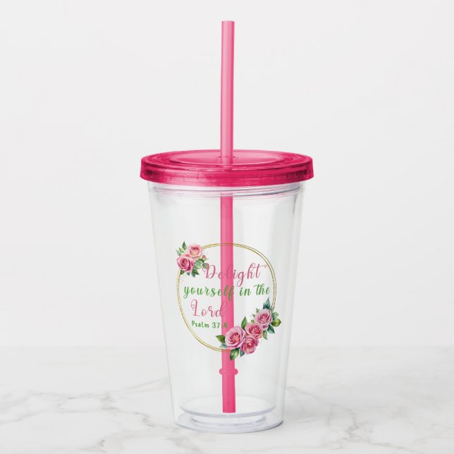 Copo De Acrílico "Delecte-se no Senhor" Rosa Fúcsia (Frente)