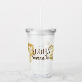 Copo De Acrílico Dourado Hibiscus Tropical Beach Name