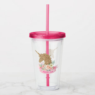 Copo De Acrílico Dourado Unicórnio Coletor Rosa Personalizado e Fau