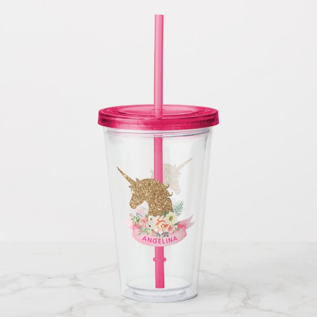 Copo De Acrílico Dourado Unicórnio Coletor Rosa Personalizado e Fau (Frente)