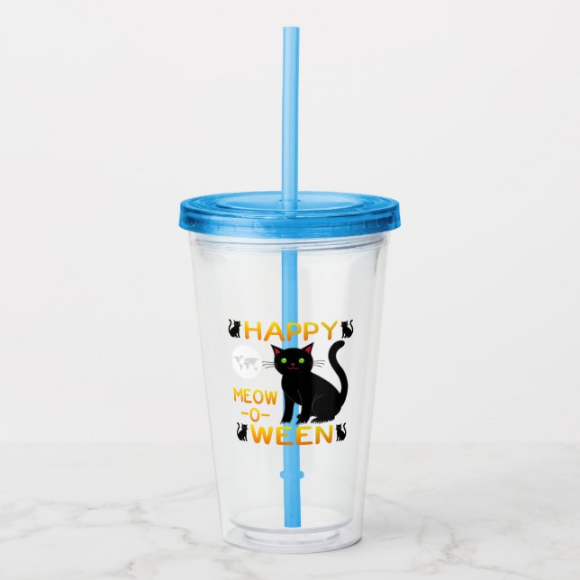Copo De Acrílico Feliz Meow-O-Ween - Gatos Pretos (Frente)