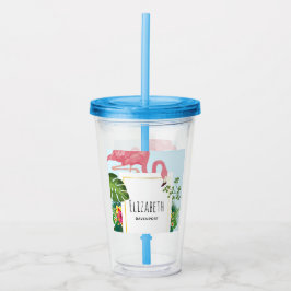 Copo De Acrílico Flamingo Rosa na moda e Folhas Tropicais
