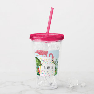 Copo De Acrílico Flamingo Rosa na moda e Folhas Tropicais