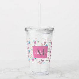 Copo De Acrílico Flamingo Rosa Verão Tropical Monograma Personaliza