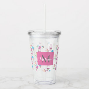 Copo De Acrílico Flamingo Rosa Verão Tropical Monograma Personaliza