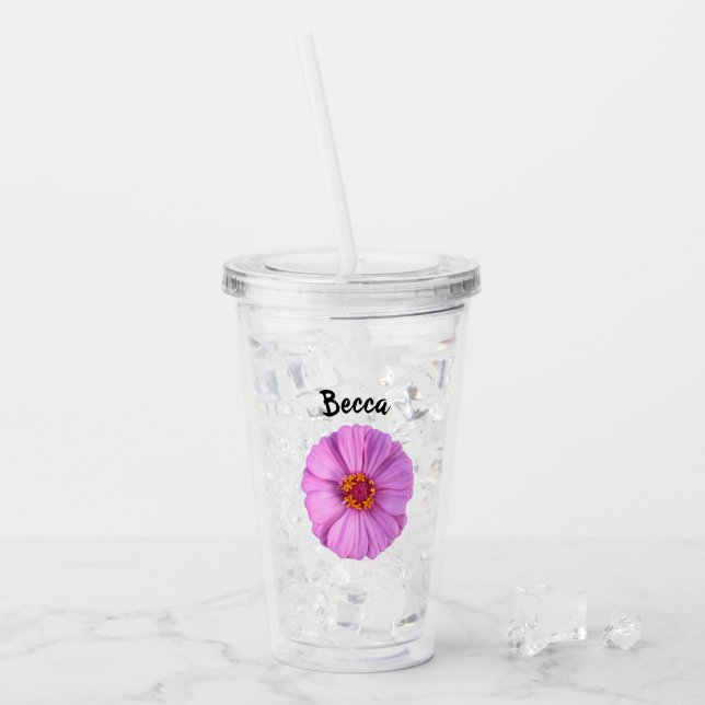 Copo De Acrílico Flor de Zinnia Rosa Elegante Personalizado (Gelo frontal)