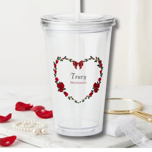 Copo De Acrílico Floral Red Rose Bridesmaid Gift (Personalized Bridesmaid Acrylic Tumbler with Red Rose Heart Storybook Motif)
