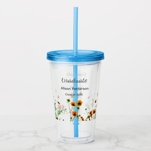 Copo De Acrílico Flores silvestres amarelas alaranjadas modernas e  (Frente)