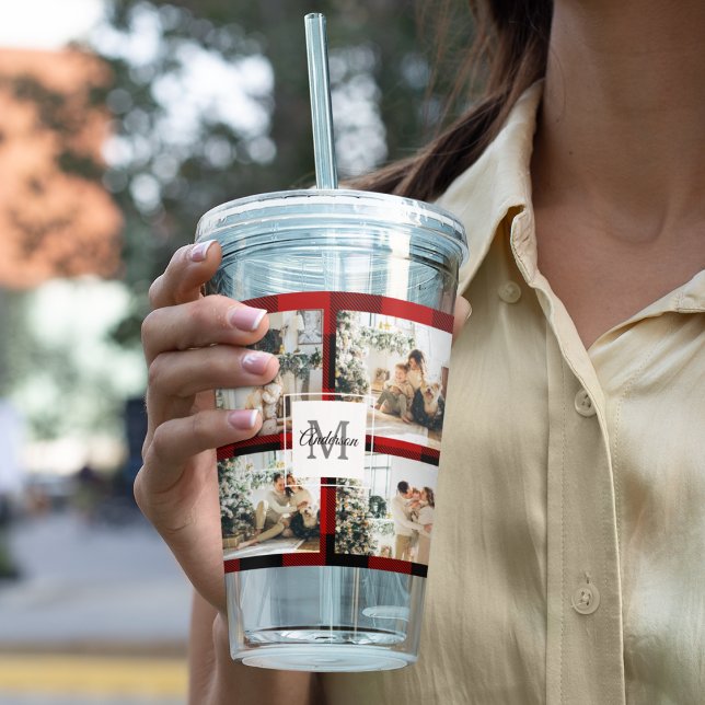 Copo De Acrílico Foto de Xadrez e Colagem Red Buffalo com Inicial (Criador carregado)