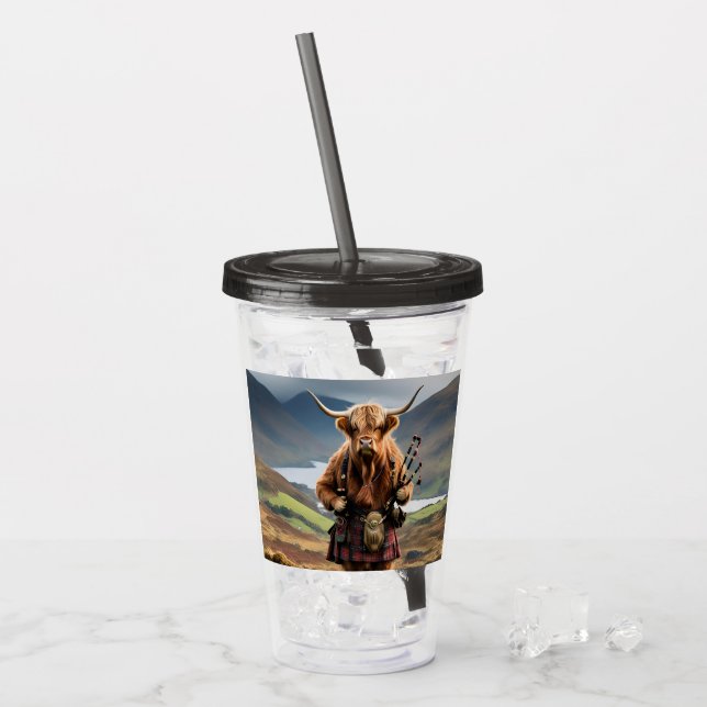 Copo De Acrílico Gado de Highland Escocês Tocador de Gaita, (Gelo frontal)