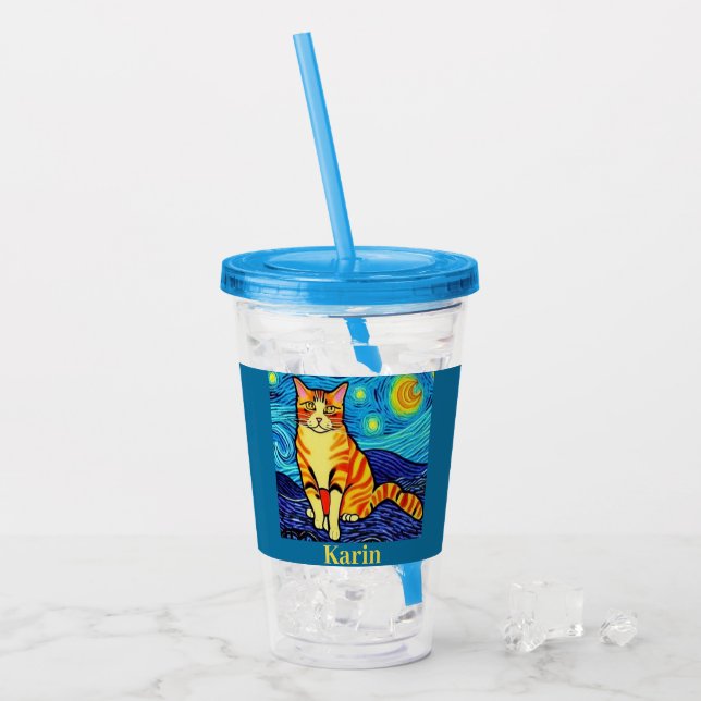 Copo De Acrílico Gato noite estrelada personalizado (Gelo frontal)