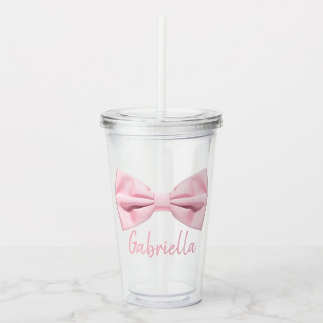 Copo De Acrílico Girly Pink Bow With Name Preppy Custom 16oz, Clear (Frente)