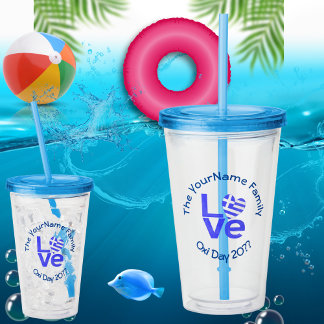 Copo De Acrílico Grécia Sinalizador de Coração Azul LOVE Personaliz