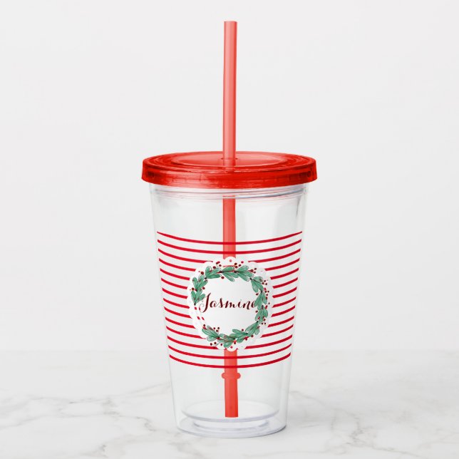 Copo De Acrílico Grinalda de Natal com Monograma Personalizado Fofo (Frente)