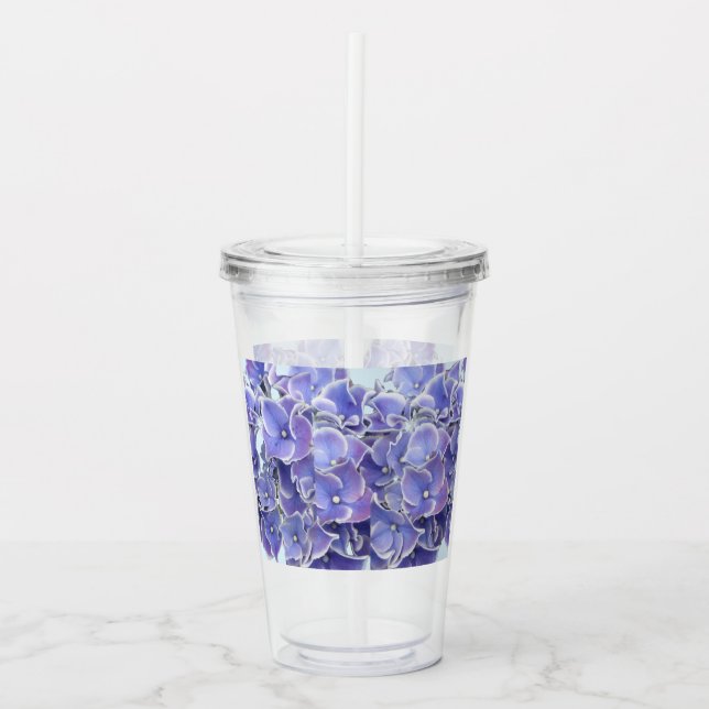 Copo De Acrílico Hydrangea Azul com Borda Branca - Tumbler acrílico (Frente)