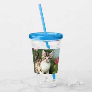 Copo De Acrílico Ilustração de Gato Vintage com Flores Vermelhas