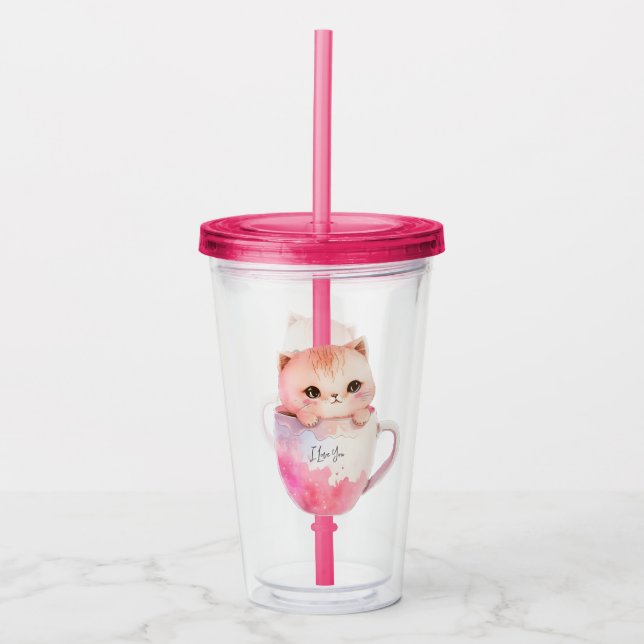 Copo De Acrílico Kawaii Blushing Pink Chibi Cat (Frente)