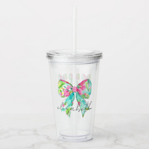 Copo De Acrílico Laços Rosa e Verde Personalizados Préppy