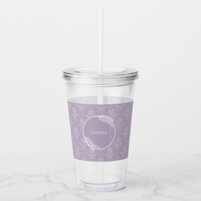 Copo De Acrílico Lavanda Elegante Damask Personalizado (Frente)