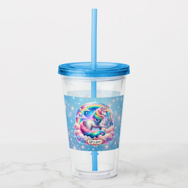 Copo De Acrílico Life Is Sweet Unicorn Rainbow Acrylic Tumbler Gift (Frente)