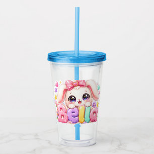 Copo De Acrílico Linda Kawaii Bella Bunny Nome Pastel Rosa Floral B
