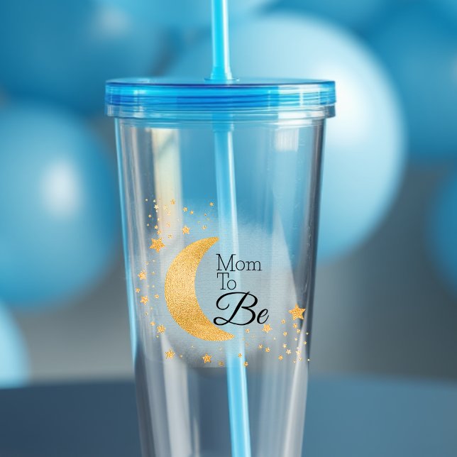 Copo De Acrílico Mãe para ser azul, estamos sobre o Chá de fraldas  (Mom to Be Blue We're Over the Moon Baby Shower Acrylic Tumbler)