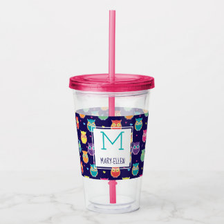 Copo De Acrílico Meninas Monogrammed do teste padrão roxo da coruja