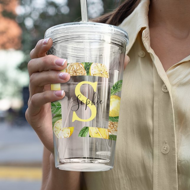 Copo De Acrílico Moldura de limões amarelos modernos e folhas com n (Criador carregado)