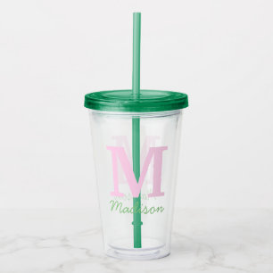Copo De Acrílico Monograma Nome Personalizado Inicial Rosa Verde