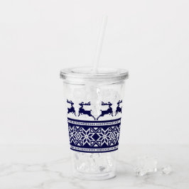 Copo De Acrílico Natal, Folha Escandinava Azul e Branco