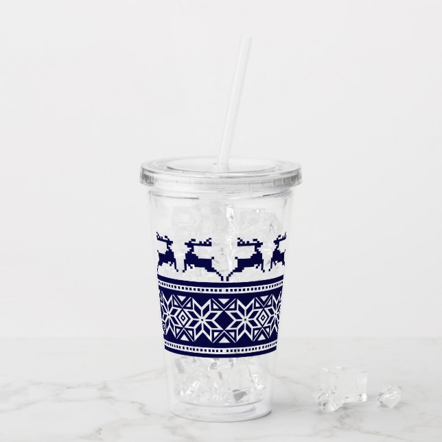 Copo De Acrílico Natal, Folha Escandinava Azul e Branco (Gelo traseiro)