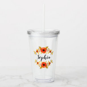 Copo De Acrílico Nome Personalizado de Wreath Floral de Coral de Wa
