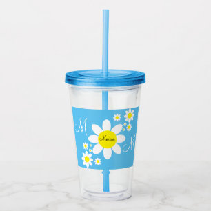 Copo De Acrílico Nome Personalizado Floral de Disias Azul e Branco