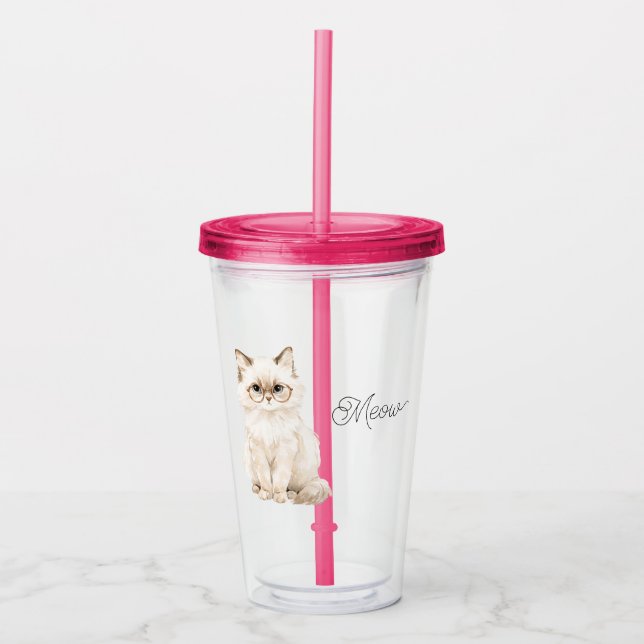 Copo De Acrílico Óculos de Gato Branco Creme Meow (Frente)