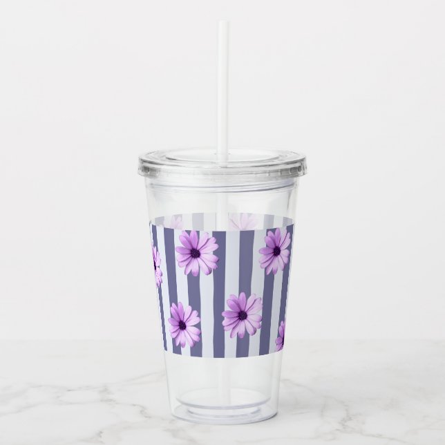 Copo De Acrílico padrão listrado com margaridas roxas (Frente)