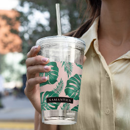 Copo De Acrílico Palma rosa tropical e verde deixa padrão e nome