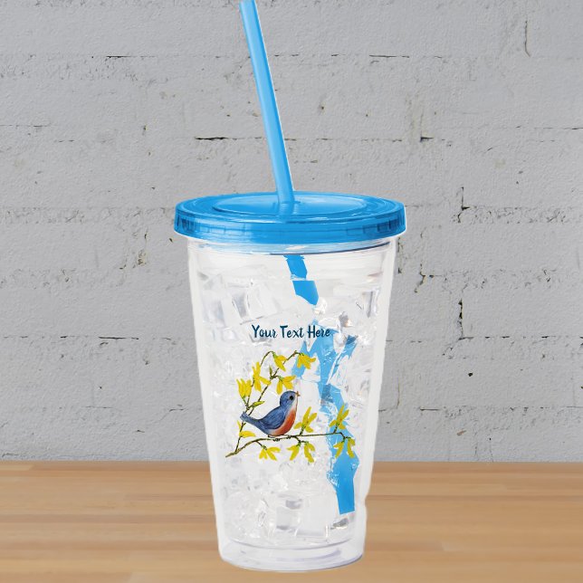 Copo De Acrílico Pequeno Tuiteiro Vermelho Azul Ramificação Amarela (Pretty little red blue bird on branch bright yellow spring  time flowers on acrylic drink tumbler.)