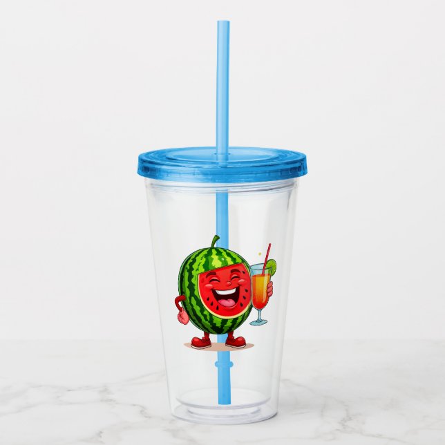 Copo De Acrílico Personagem de melancia sorridente 🍉 aproveitando (Frente)