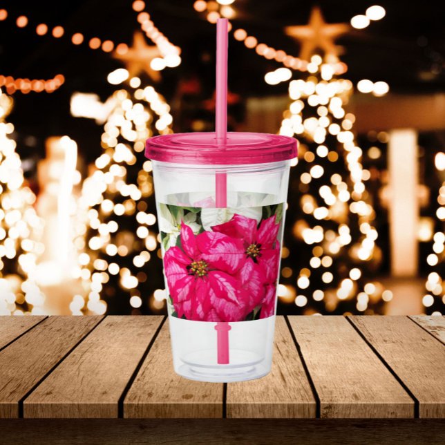 Copo De Acrílico Pink Poinsettias Floral Holiday Acrylic Tumbler (In Situ Holidays)