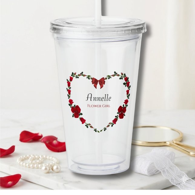 Copo De Acrílico Presente de Menina de Flores Rosas Vermelhas Doces (Sweet Personalized Flower Girl Tumbler featuring a Romantic Red Rose Heart Design)