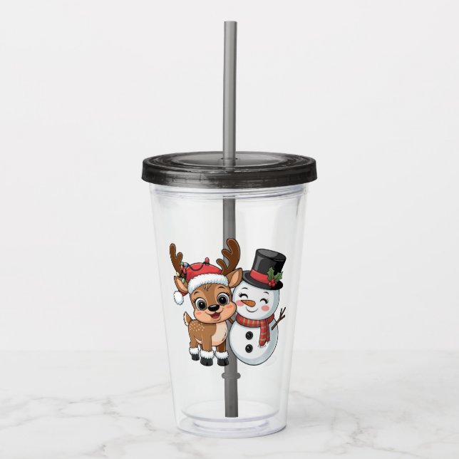 Copo De Acrílico Rena de Natal Fofa & Boneco de Neve (Frente)