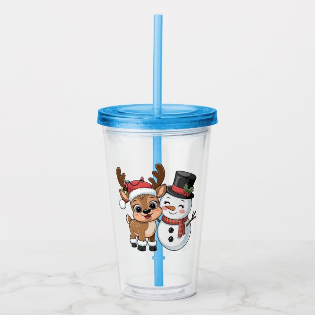 Copo De Acrílico Rena de Natal Fofa & Boneco de Neve (Frente)