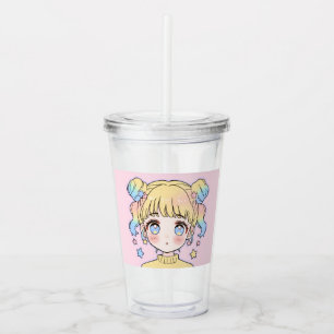 Copo De Acrílico Retrato de Menina Estrela Pastel Kawaii