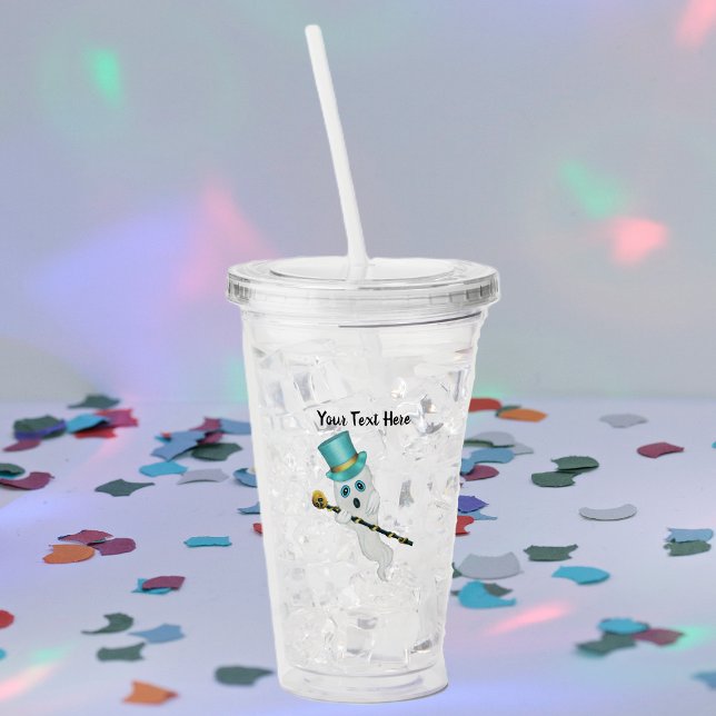 Copo De Acrílico Rico branco-branco-branco-fantasma - Caneta azul s (Funny ghost blue eyes and top hat with black cane with gold skull on top on Halloween acrylic tumber)