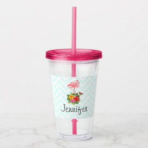 Copo De Acrílico Rico rosa Flamingo e Hibiscus Tropical